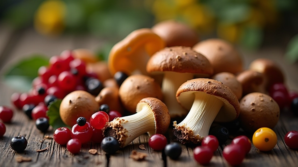 Dažādi ēdamie sēņi un vasaras ogas uz dārza galda, tradicionālā Latvijas stila noformējums