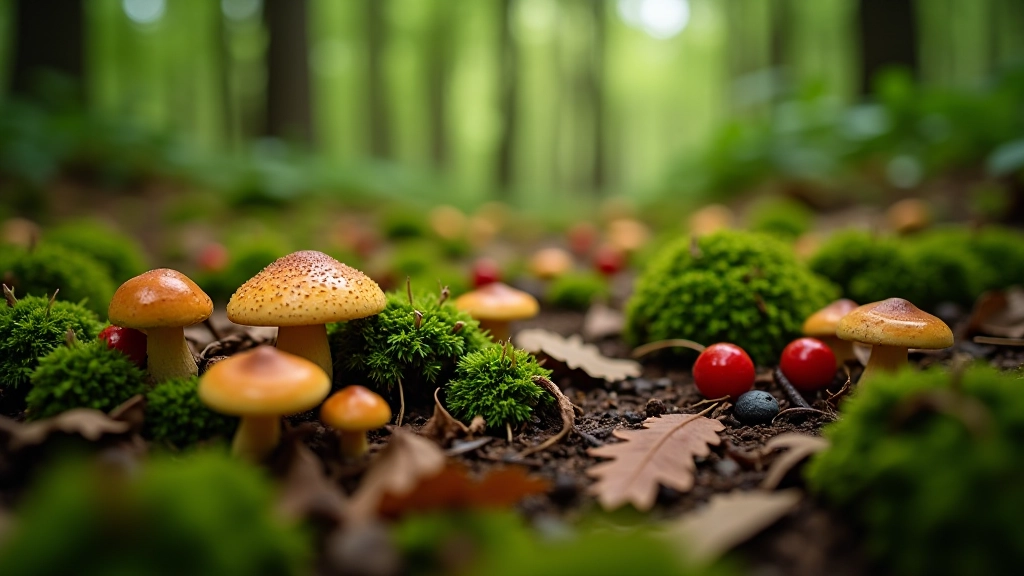 Meža grīda ar dažādām mežu produktiem — sēnēm, ogām, skudrām