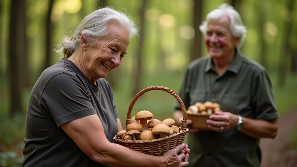 Seniori mežā vākot sēnes