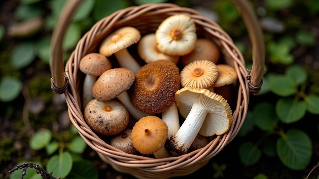 Sēņošanas grozs pilns ar dažādām ēdamām sēnēm, ieskaitant baltās un sarkanās sēnes, naturāls mežu gaismas fons